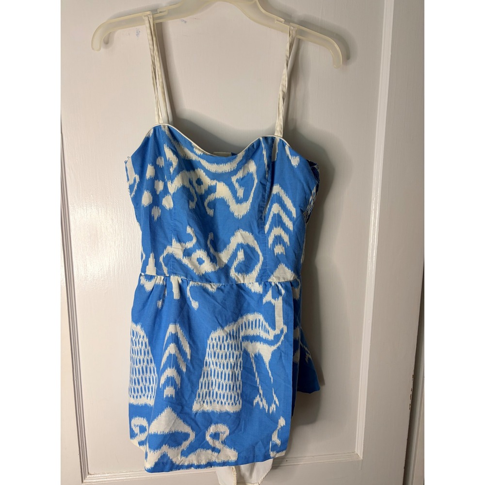 Vintage Stewart of America Blue White Ikat Print Romper Smocked Back Small
